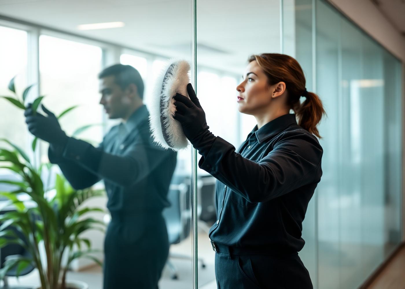 Professional cleaner polishing a glass office wall